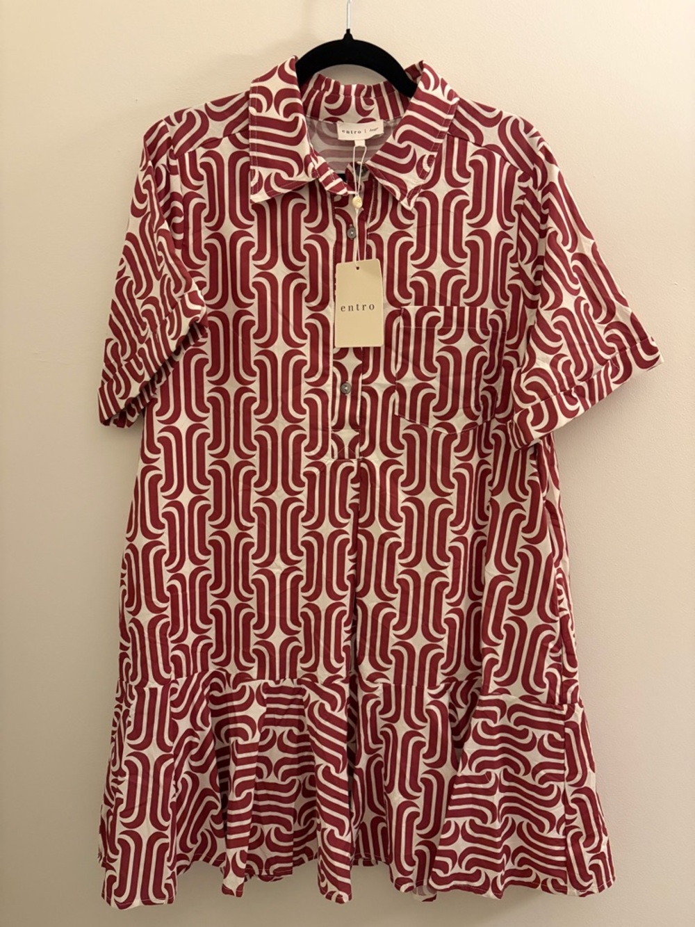 Entro Short Sleeve Button Dress in Burgundy & Cream